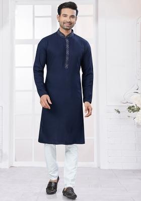 Navy Blue Embroidered Cotton Kurta Set For Men