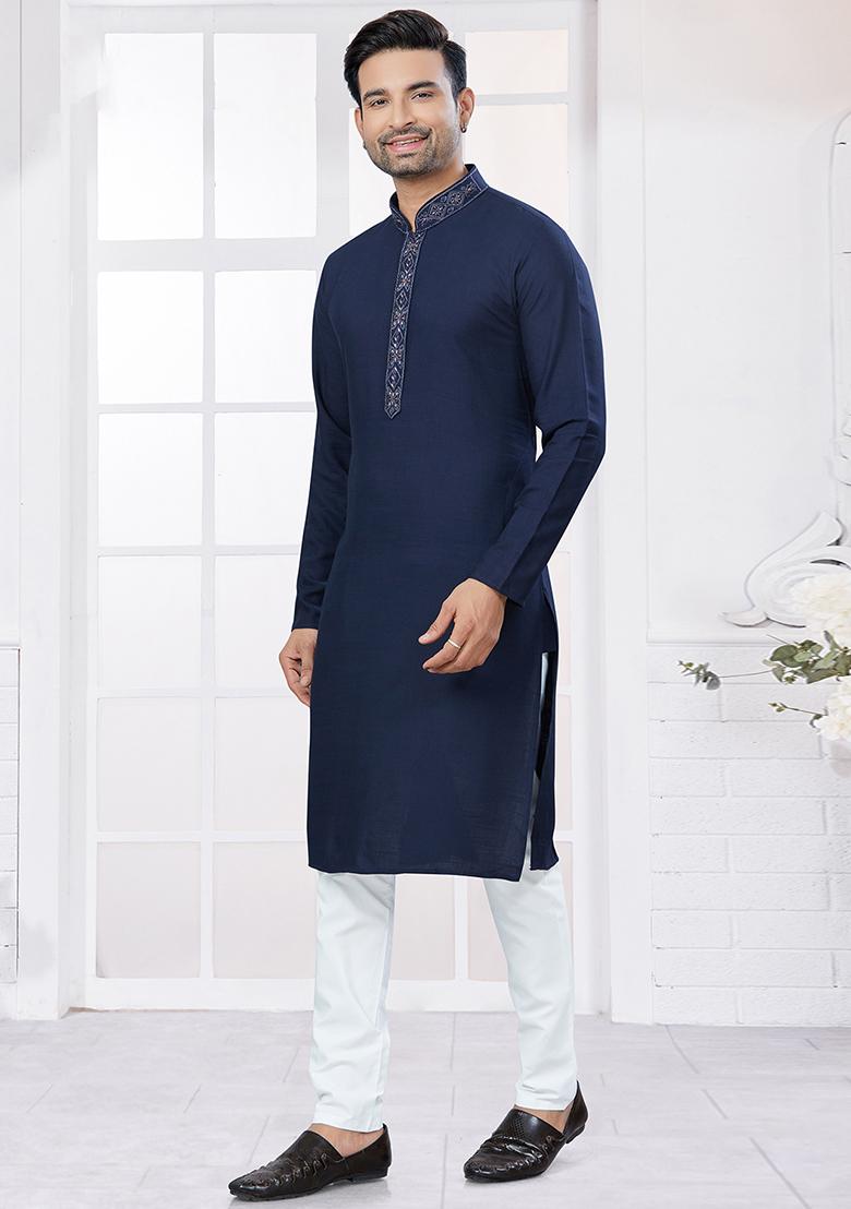 Navy Blue Embroidered Cotton Kurta Set For Men