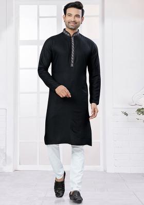 Black Embroidered Cotton Kurta Set For Men