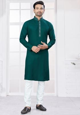 Rama Green Embroidered Cotton Kurta Set For Men