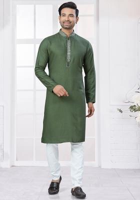 Green Embroidered Cotton Kurta Set For Men