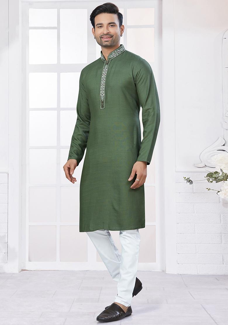 Green Embroidered Cotton Kurta Set For Men