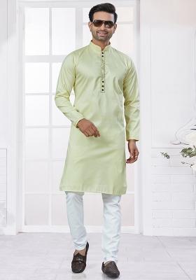 Light Yellow Embroidered Cotton Kurta Set For Men