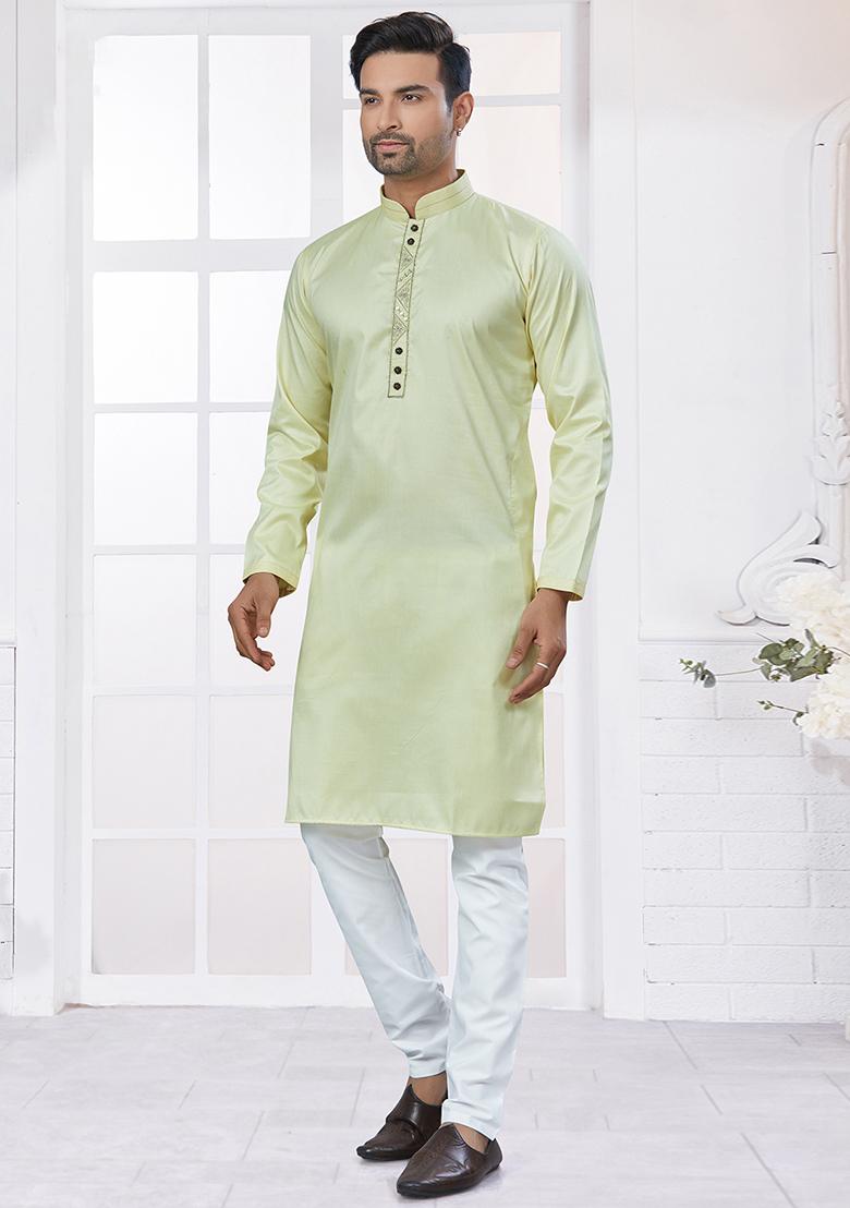 Light Yellow Embroidered Cotton Kurta Set For Men