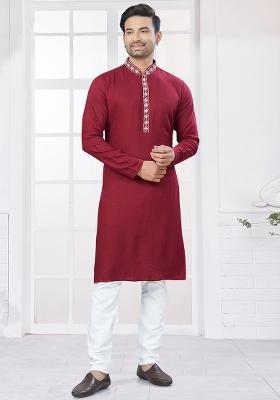 Red Embroidered Cotton Kurta Set For Men