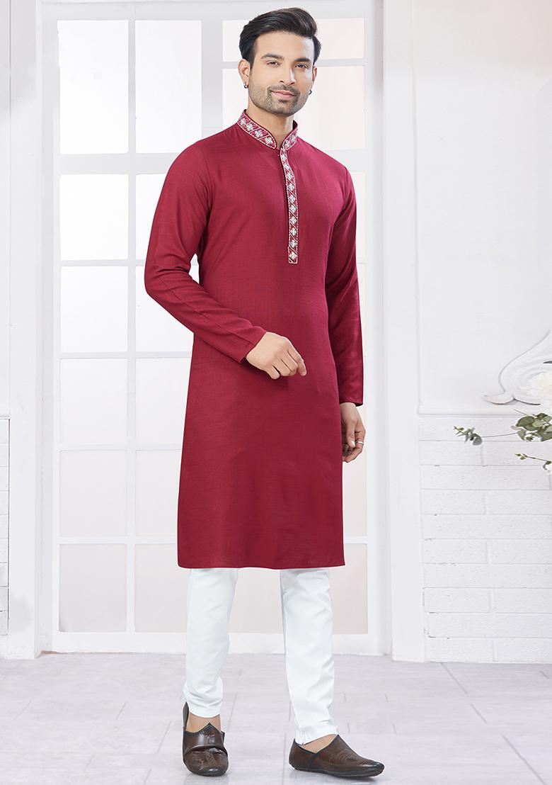 Red Embroidered Cotton Kurta Set For Men