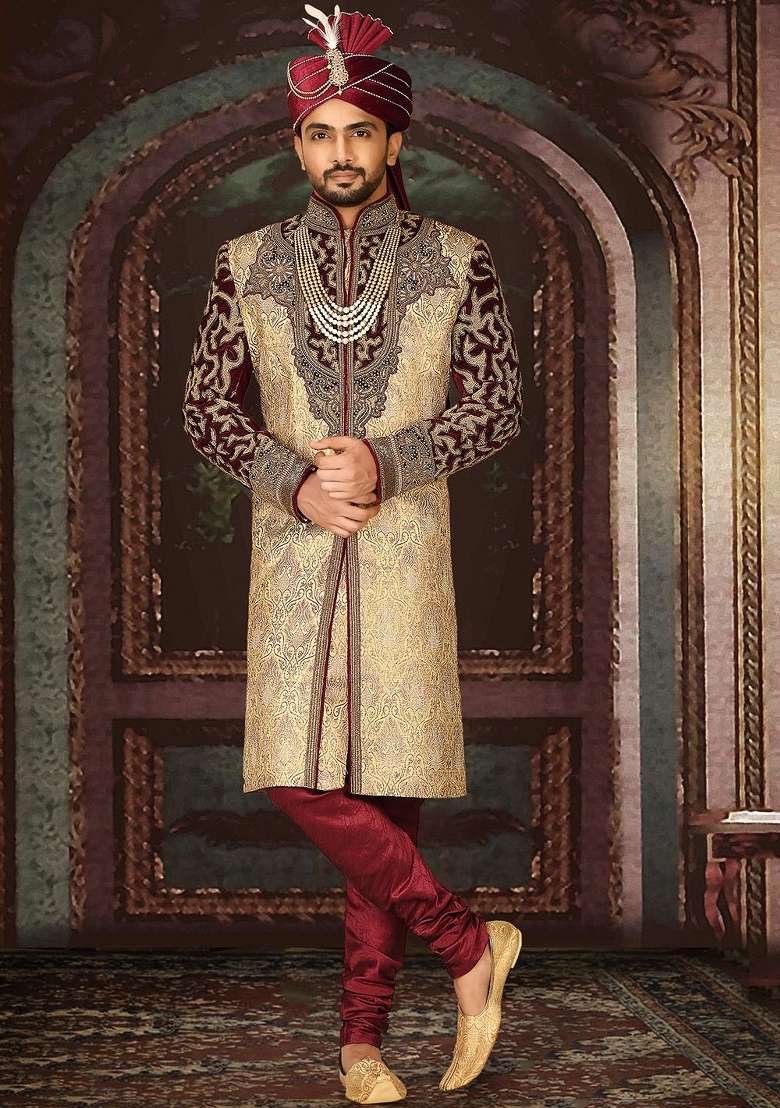 Gold Embroidered Zari Jacquard Indo Western Sherwani Set For Men - Indya