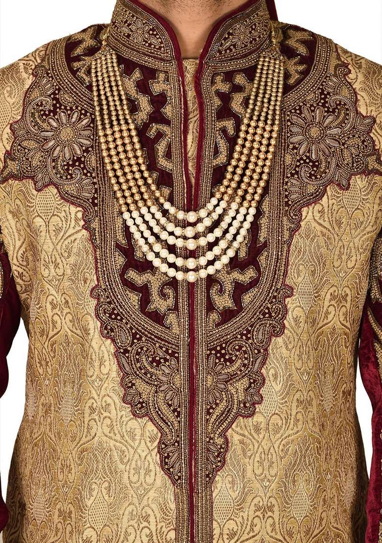 Gold Embroidered Zari Jacquard Indo Western Sherwani Set For Men - Indya
