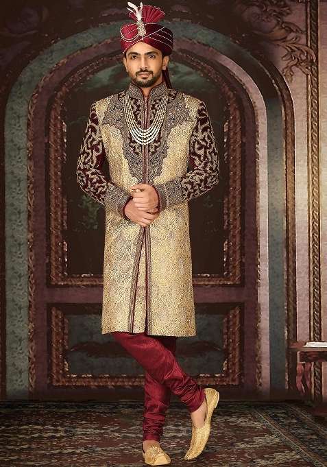 Gold Embroidered Zari Jacquard Indo Western Sherwani Set For Men