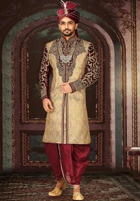 Gold Embroidered Zari Jacquard Indo Western Sherwani Set For Men