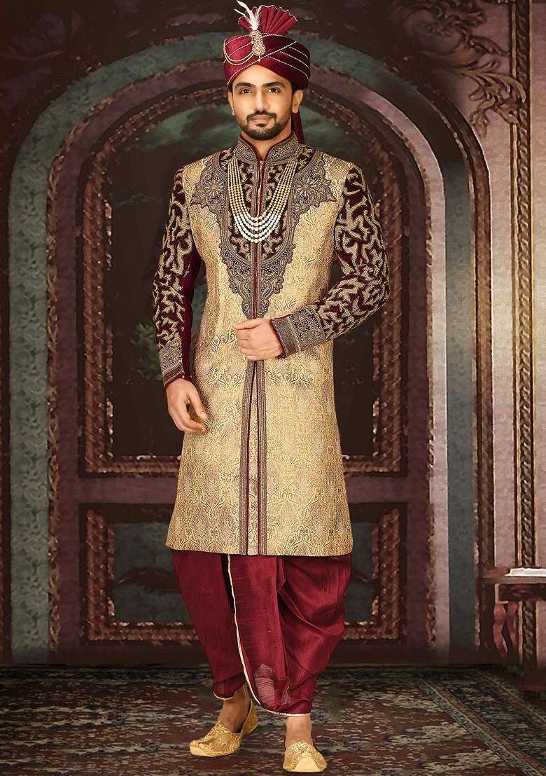 Gold Embroidered Zari Jacquard Indo Western Sherwani Set For Men - Indya