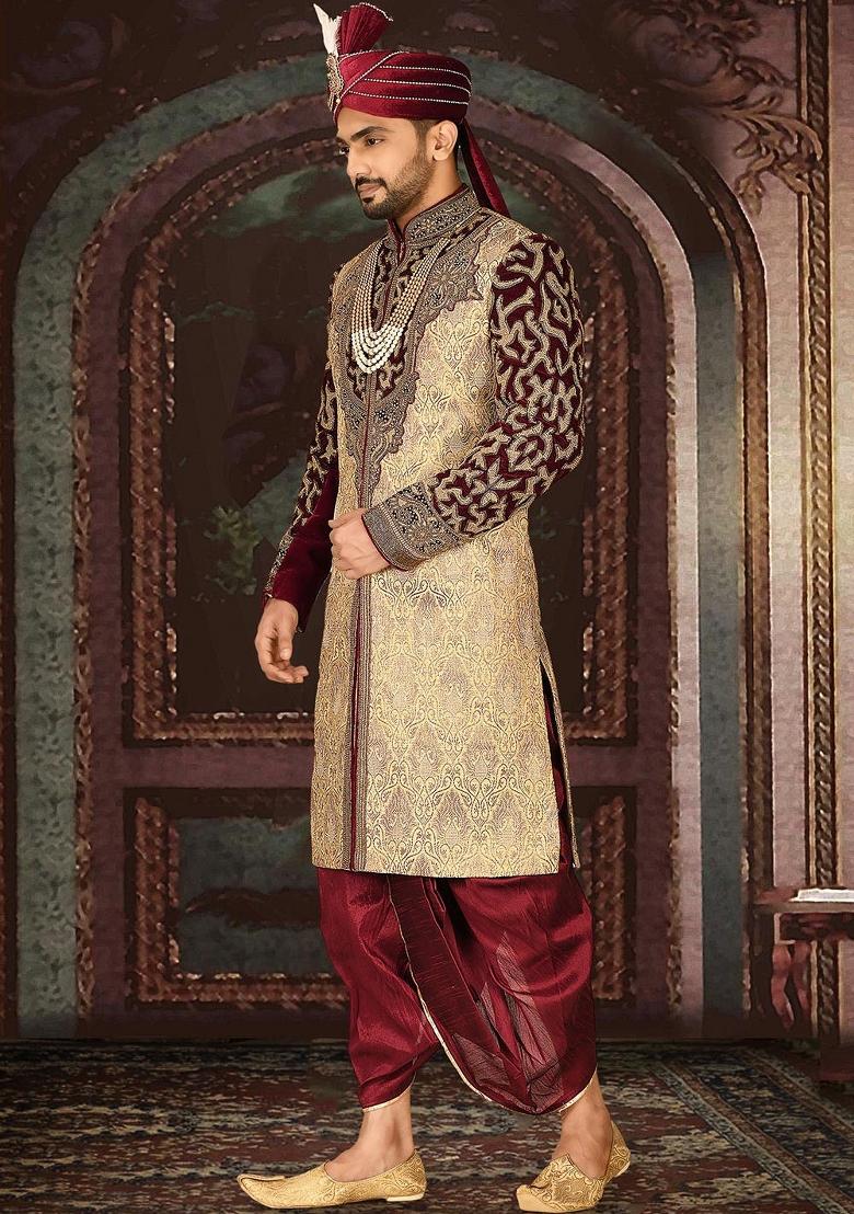 Gold Embroidered Zari Jacquard Indo Western Sherwani Set For Men