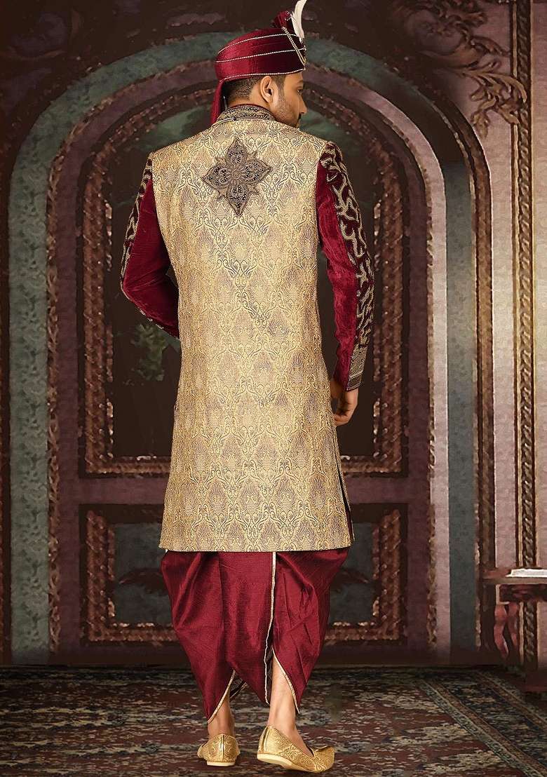 Gold Embroidered Zari Jacquard Indo Western Sherwani Set For Men - Indya