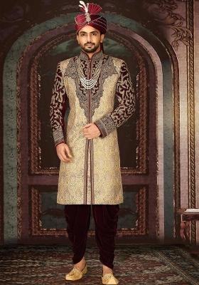 Gold Embroidered Zari Jacquard Indo Western Sherwani Set For Men