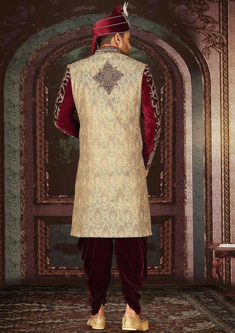 Gold Embroidered Zari Jacquard Indo Western Sherwani Set For Men - Indya
