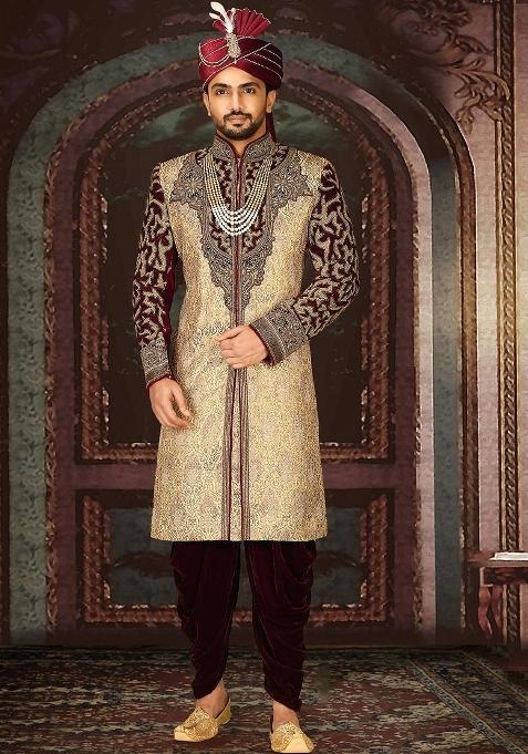 Gold Embroidered Zari Jacquard Indo Western Sherwani Set For Men — view on Indya