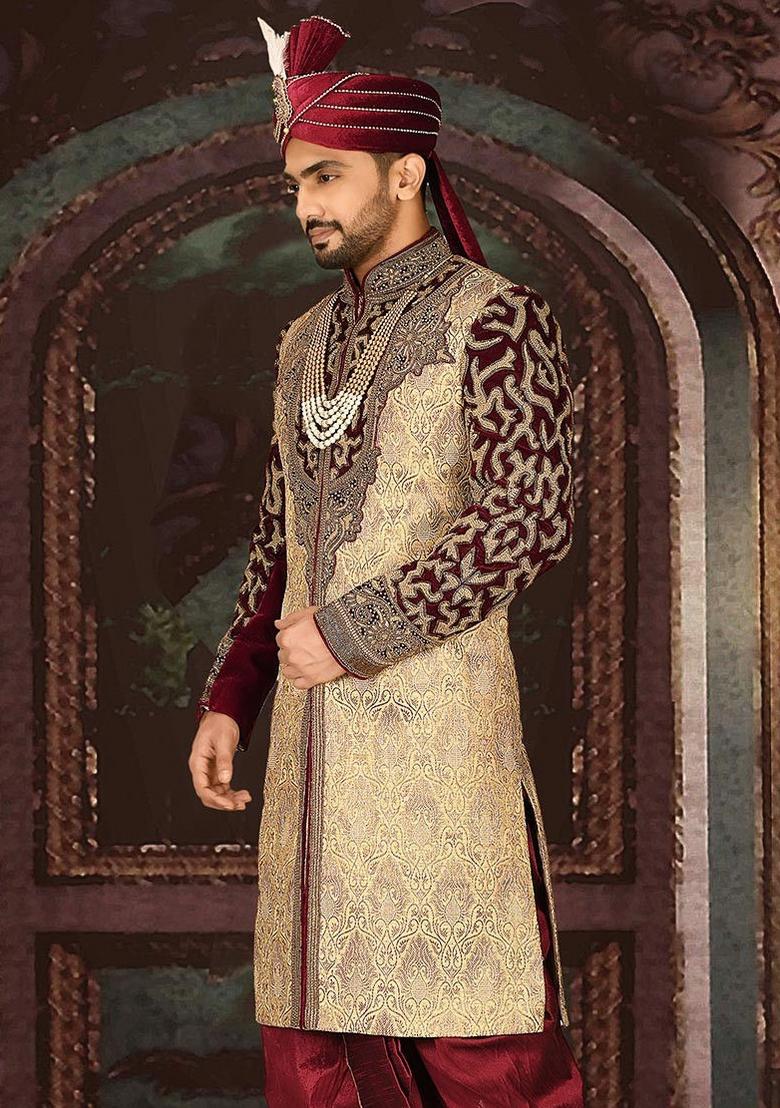 Gold Embroidered Zari Jacquard Indo Western Sherwani For Men
