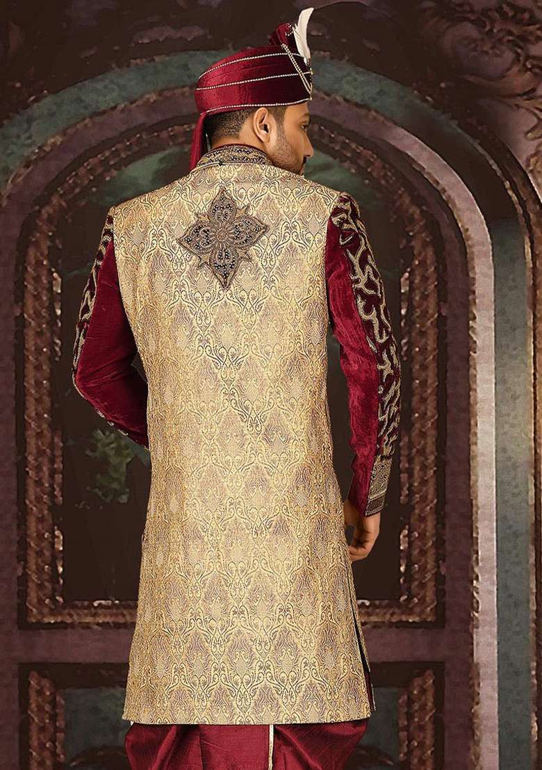 Gold Embroidered Zari Jacquard Indo Western Sherwani For Men - Indya
