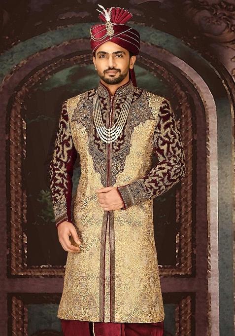 Gold Embroidered Zari Jacquard Indo Western Sherwani For Men — view on Indya