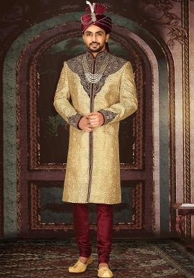 Gold Embroidered Zari Jacquard Indo Western Sherwani Set For Men