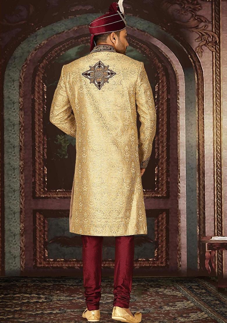 Gold Embroidered Zari Jacquard Indo Western Sherwani Set For Men