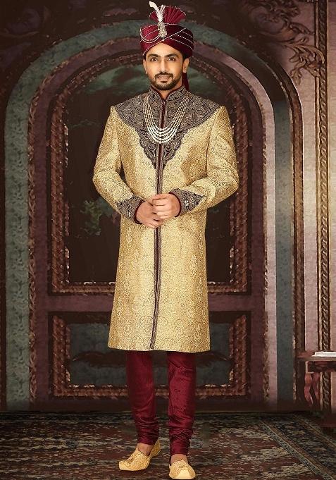 Gold Embroidered Zari Jacquard Indo Western Sherwani Set For Men