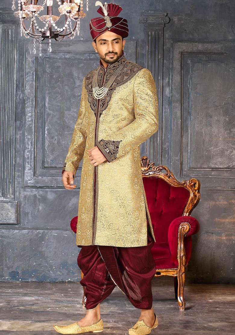 Gold Embroidered Zari Jacquard Indo Western Sherwani Set For Men - Indya