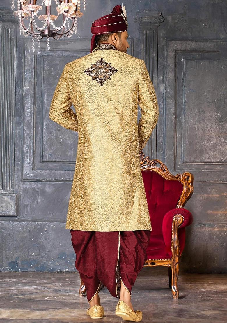 Gold Embroidered Zari Jacquard Indo Western Sherwani Set For Men