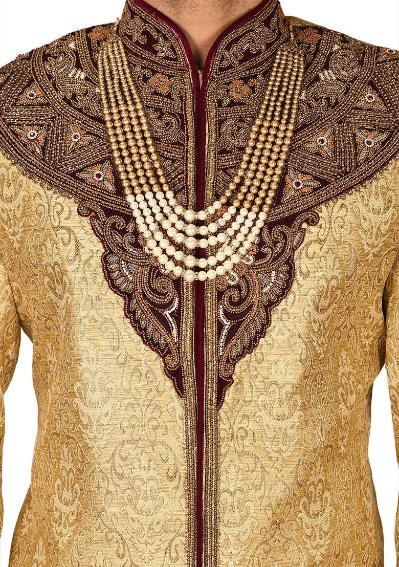 Gold Embroidered Zari Jacquard Indo Western Sherwani Set For Men - Indya