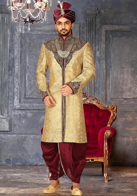 Gold Embroidered Zari Jacquard Indo Western Sherwani Set For Men