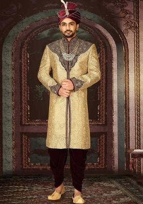 Gold Embroidered Zari Jacquard Indo Western Sherwani Set For Men