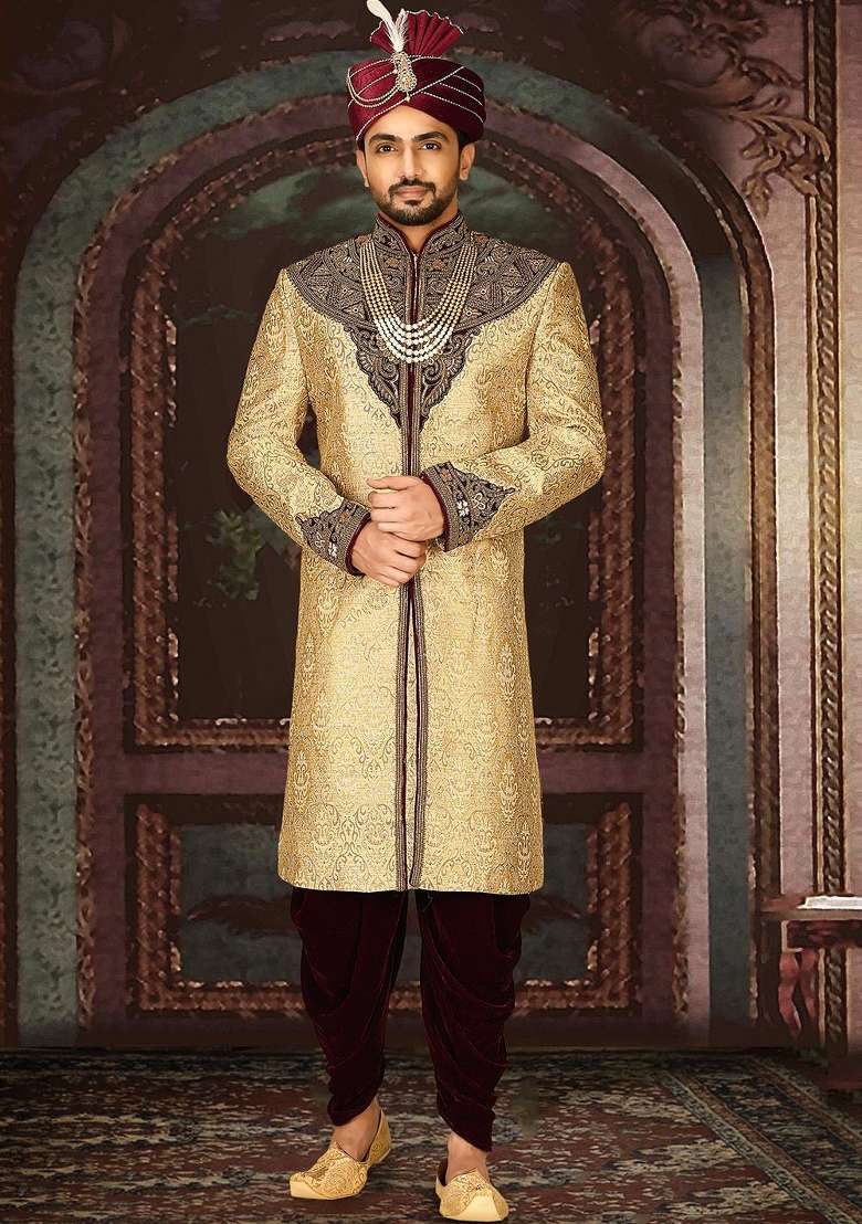 Gold Embroidered Zari Jacquard Indo Western Sherwani Set For Men - Indya