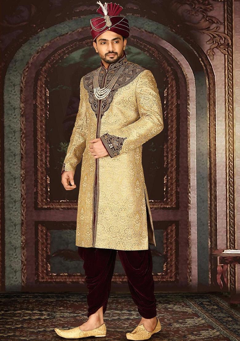 Gold Embroidered Zari Jacquard Indo Western Sherwani Set For Men
