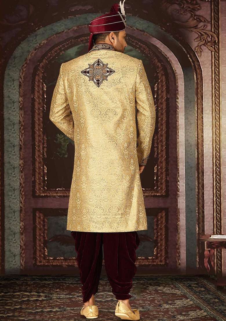 Gold Embroidered Zari Jacquard Indo Western Sherwani Set For Men - Indya