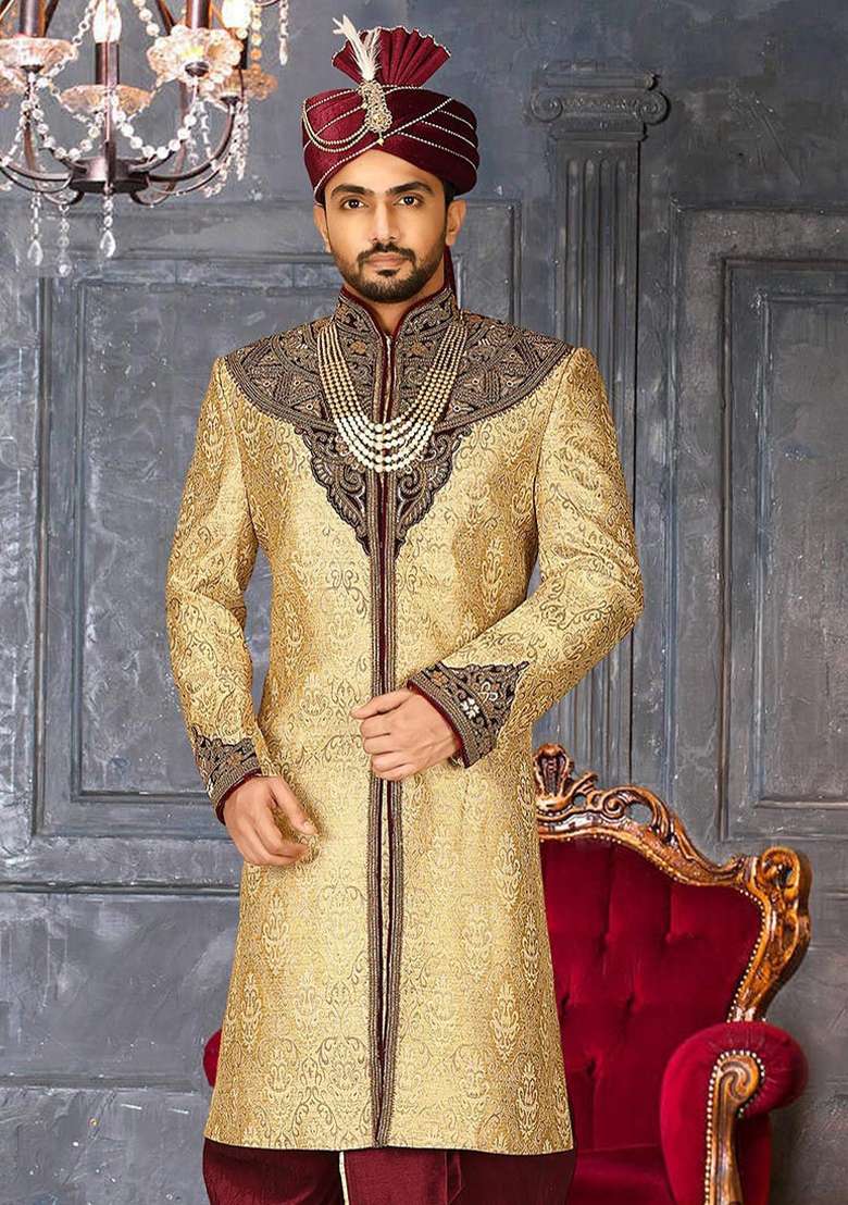 Gold Embroidered Zari Jacquard Indo Western Sherwani For Men - Indya