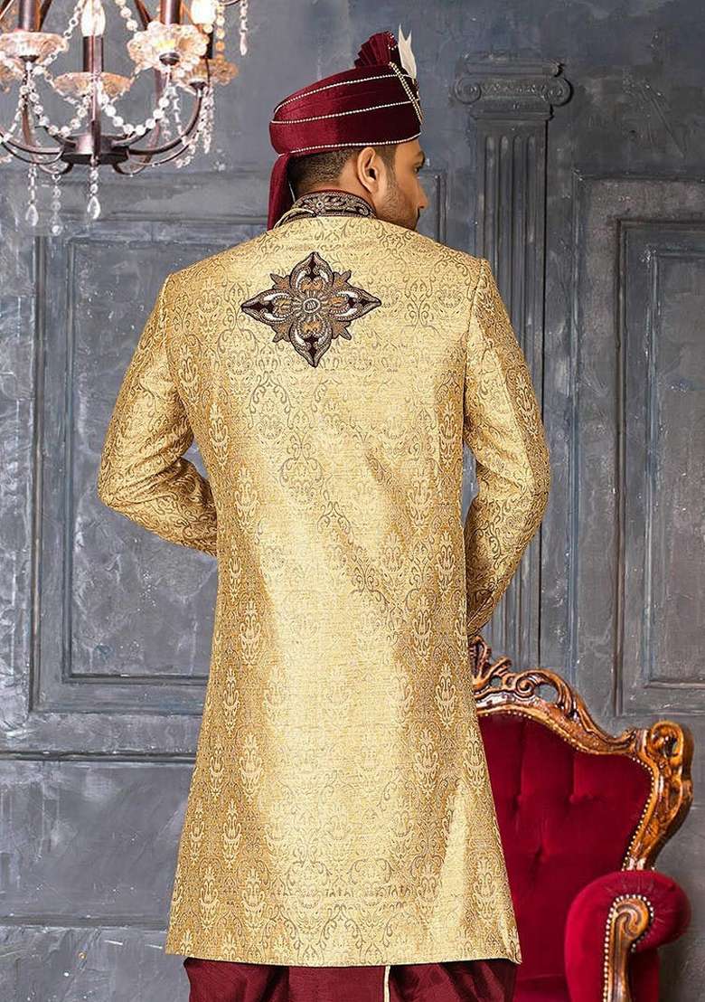 Gold Embroidered Zari Jacquard Indo Western Sherwani For Men - Indya