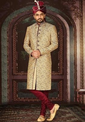 Gold Embroidered Zari Jacquard Indo Western Sherwani Set For Men