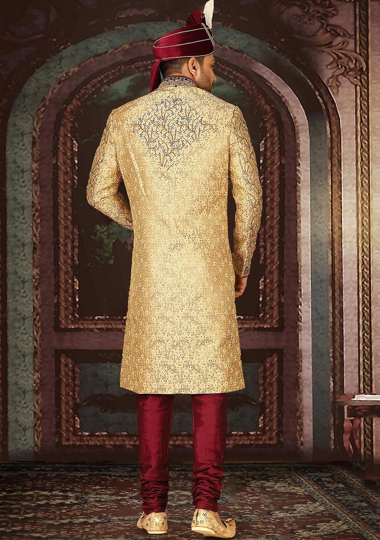 Gold Embroidered Zari Jacquard Indo Western Sherwani Set For Men