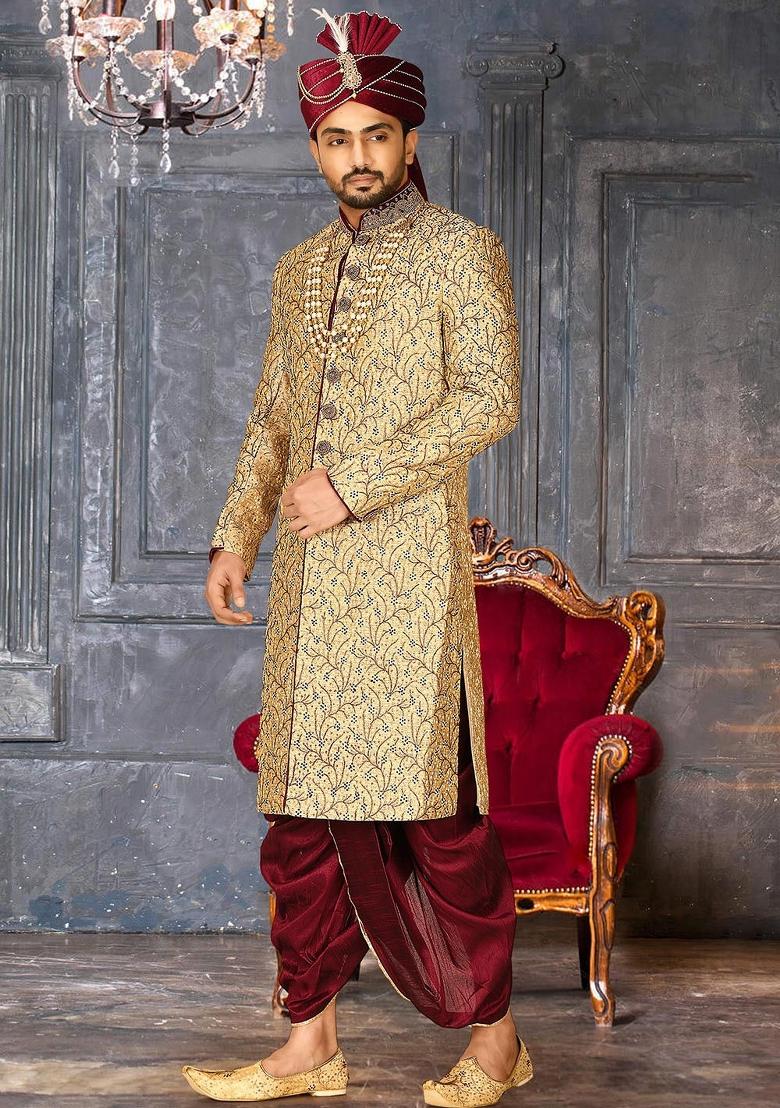 Gold Embroidered Zari Jacquard Indo Western Sherwani Set For Men