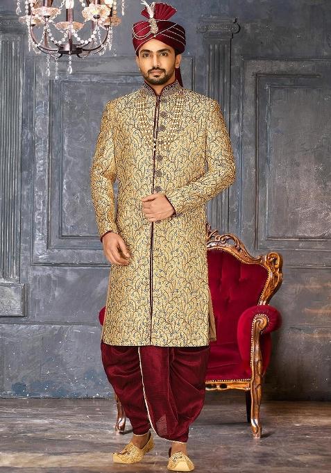 Gold Embroidered Zari Jacquard Indo Western Sherwani Set For Men