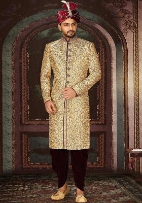 Gold Embroidered Zari Jacquard Indo Western Sherwani Set For Men