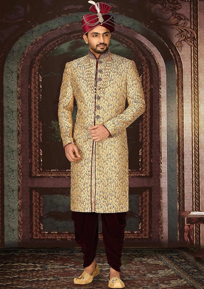 Gold Embroidered Zari Jacquard Indo Western Sherwani Set For Men