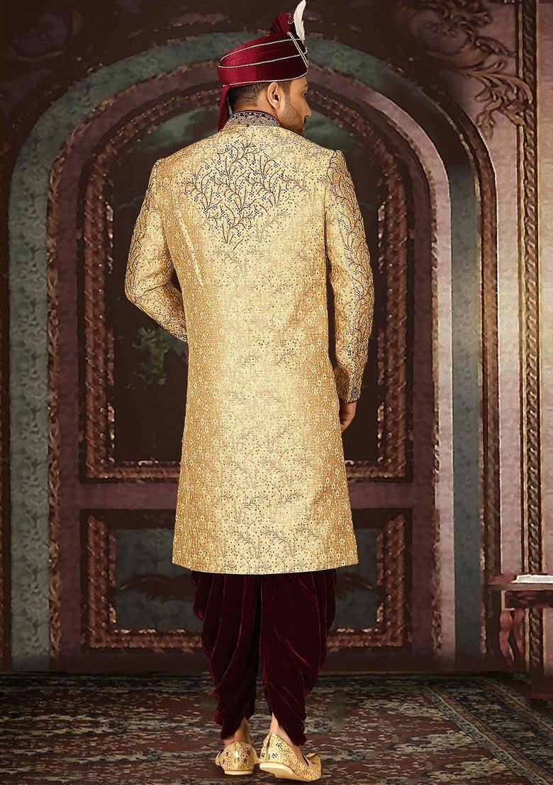 Gold Embroidered Zari Jacquard Indo Western Sherwani Set For Men