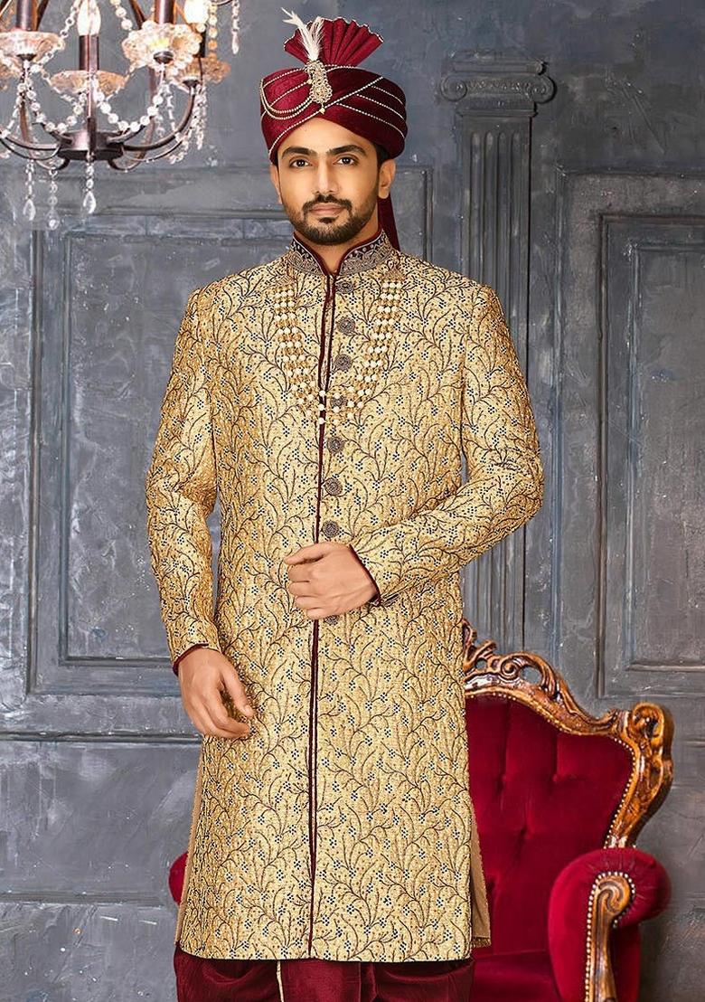 Gold Embroidered Zari Jacquard Indo Western Sherwani For Men - Indya