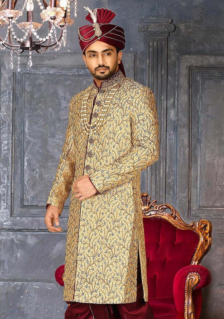 Gold Embroidered Zari Jacquard Indo Western Sherwani For Men