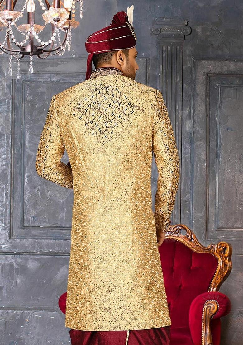 Gold Embroidered Zari Jacquard Indo Western Sherwani For Men - Indya