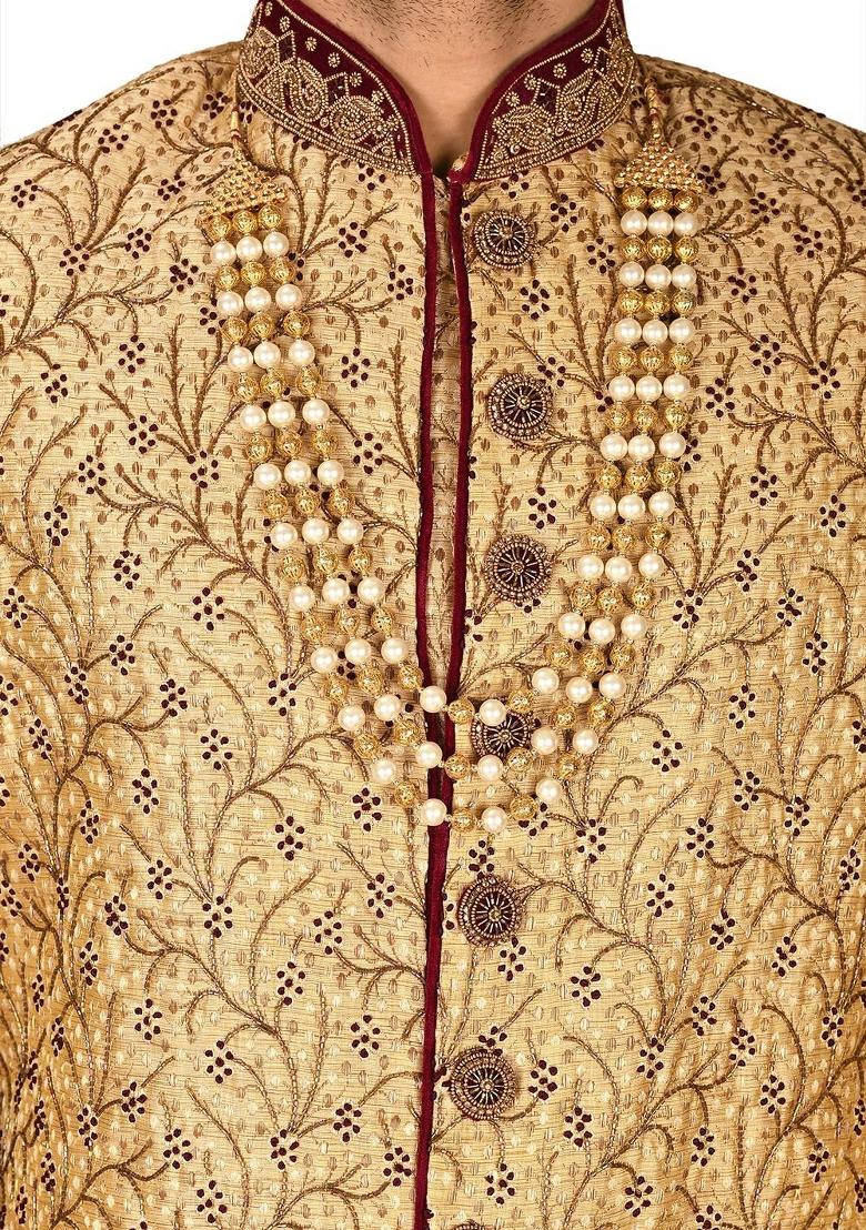 Gold Embroidered Zari Jacquard Indo Western Sherwani For Men