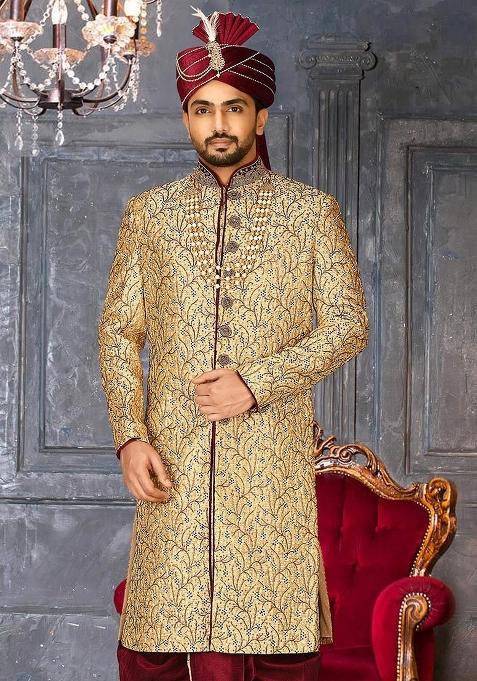 Gold Embroidered Zari Jacquard Indo Western Sherwani For Men