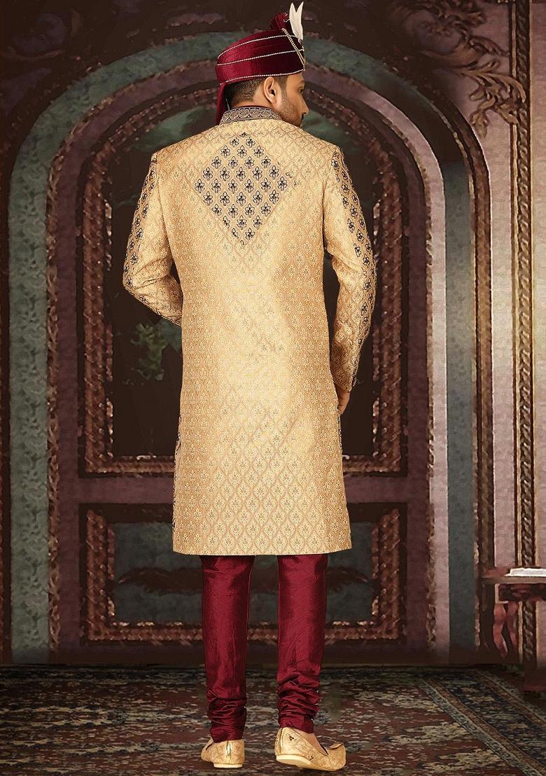 Gold Embroidered Zari Jacquard Indo Western Sherwani Set For Men