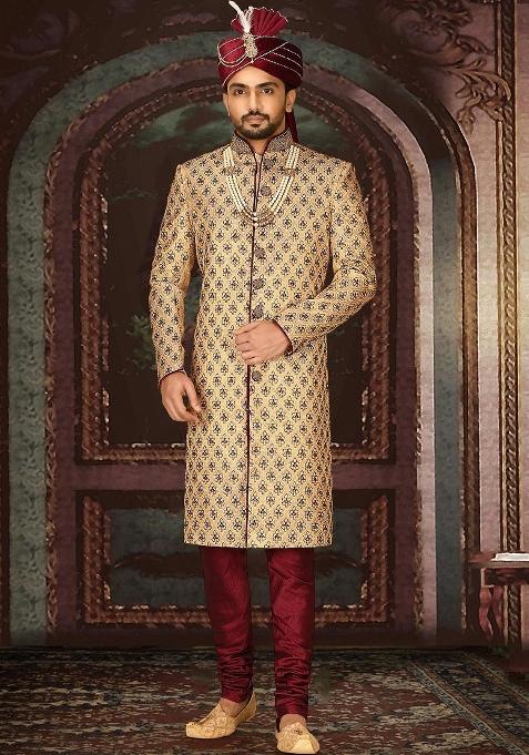 Gold Embroidered Zari Jacquard Indo Western Sherwani Set For Men